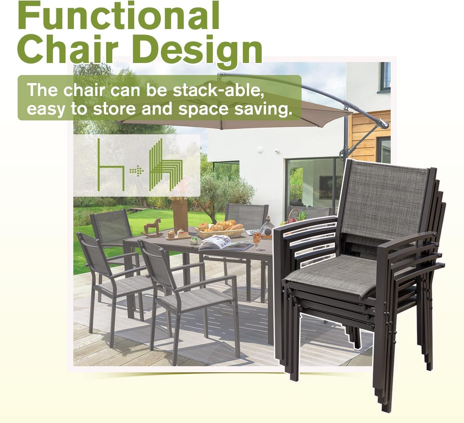 Homall Patio Dining Set 7 Pieces Outdoor Furniture with Large Table and 6 Textilene Chairs for Porch, Poolside, Yard and Garden, Light Grey