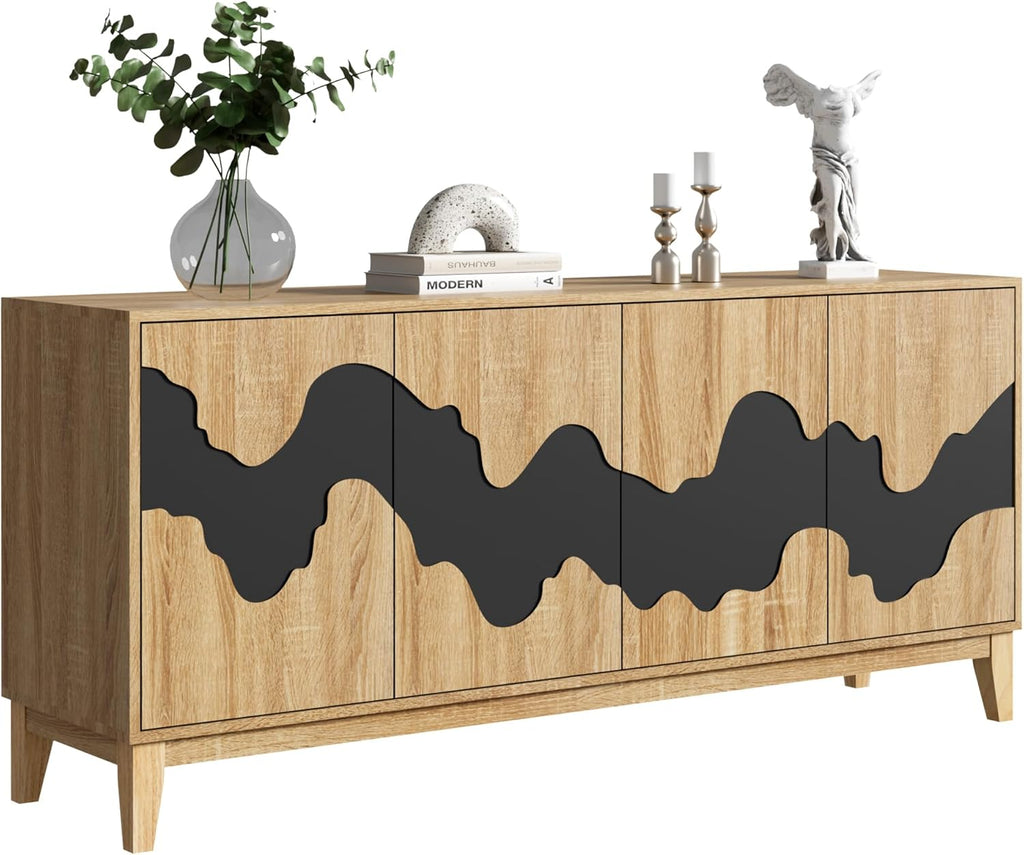 Natural Buffet Cabinet Sideboard with Storage 63'' Distinctive Coffee Bar with Flowing Water Patterns Kitchen Buffet with 4 Doors for Bedroom, Living Room (Natural and Black)