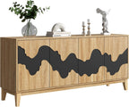 Natural Buffet Cabinet Sideboard with Storage 63'' Distinctive Coffee Bar with Flowing Water Patterns Kitchen Buffet with 4 Doors for Bedroom, Living Room (Natural and Black)