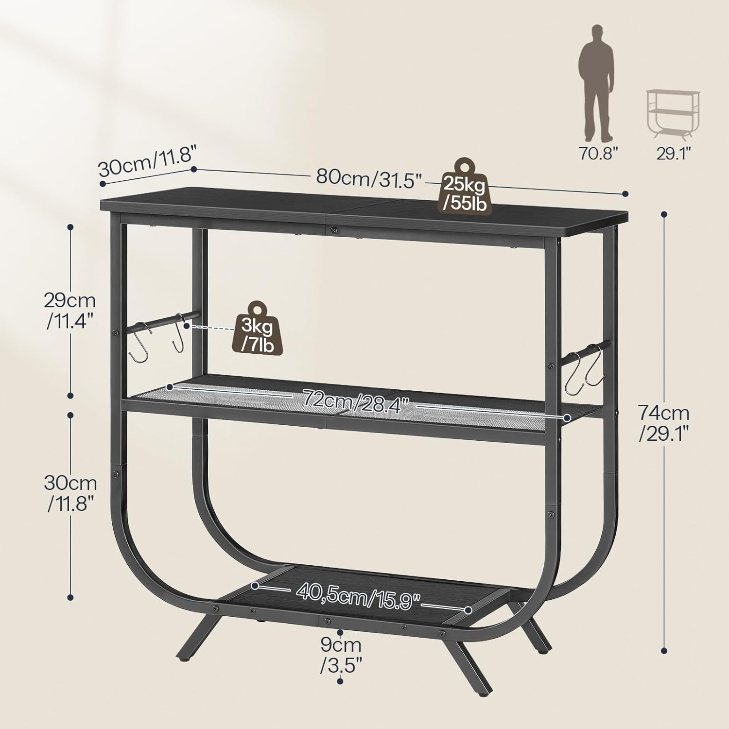 HOOBRO 3 Tier Small Console Table, 31.5" Entryway Table with Storage Shelf, Narrow Sofa Table, Behind Couch Table, Hallway Table with S-Hooks, for Living Room, Black BB63XG01
