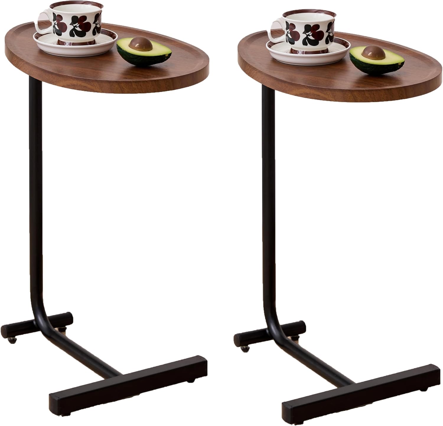 C-Shaped Side Table, Modern Minimalist Wooden Tray End Table, Mobile Snack Table with Wheels for Sofa, Coffee Cup & Fruit Stand