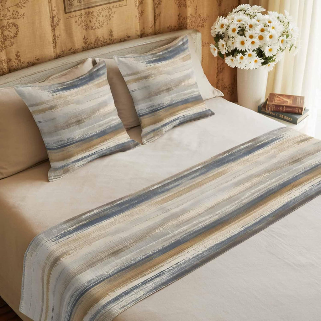 California King Size Abstract Coastal Landscape Bed Runner Set 102 x 20 inch Modern Retro Mottled Beige Blue Bed Runners with 2 Matching Pillow Covers, Decorative Throw Pillowcases Bedding Scarf