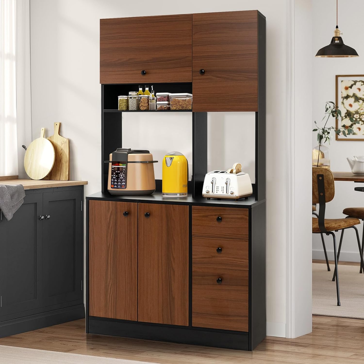 PETSITE Kitchen Buffet Hutch Storage Cabinet, 71" Freestanding Pantry with 3 Cabinets & Drawers, Adjustable Shelves, Microwave Cupboard for Living Room, Dining Room (Walnut)