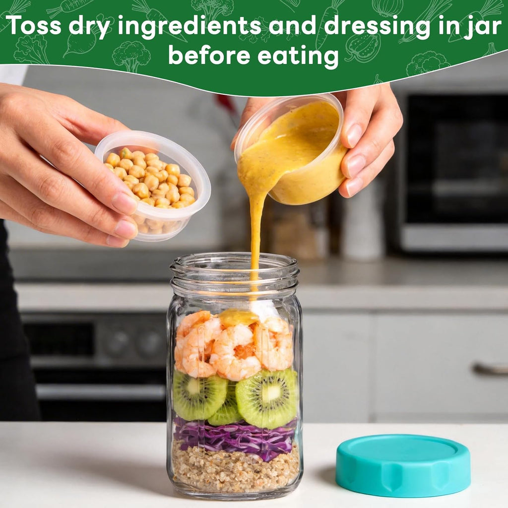 XLMYS 4 Pack Salad Jar, 32oz Salad Jars with Separate Wet/Dry Dressing Cup, Leakproof Salad Container for Lunch, Glass Food Storage for Home, Office and Outdoor
