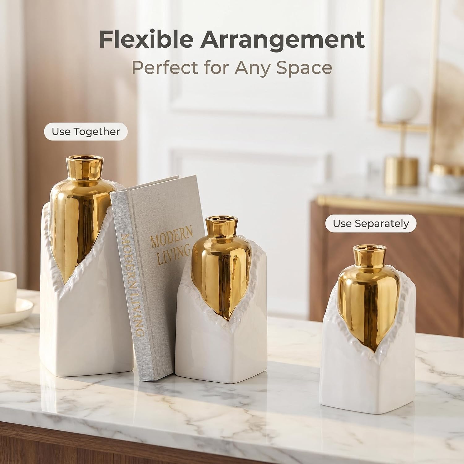 White and Gold Ceramic Vase Set, Modern Home Decor Flower Vases, 2-Piece Bud Vase for Living Room, Wedding & Hotel Dining Table Centerpieces, Fireplace or Bookshelf, 8.6" & 10.8" H