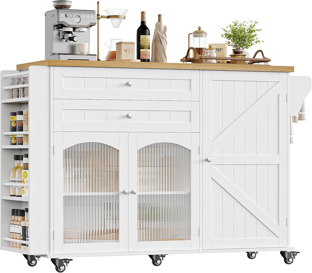 FINETONES Kitchen Island with Storage, Rolling Kitchen Island on Wheels with Wood Drop Leaf Countertop, Island Table Bar Cart with Spice Towel Rack Portable Kitchen Table Kitchen Carts on Wheels
