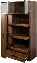 70.87" Kitchen Pantry Cabinet with Multi-Functional Pull-Out Storage Shelves, Glass Door, Drawer, Walnut Wood Cupboard for Kitchen, Dining Room, Microwave Stand, Coffee Bar