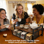 Tea Bag Organizer, Tea Bag Organizers and Storage with Drawer, Tea Bag Holder Natural Wood & Metal with 8 Compartments, Tea Storage Chest Container Box for Countertop Kitchen with 4 Hooks
