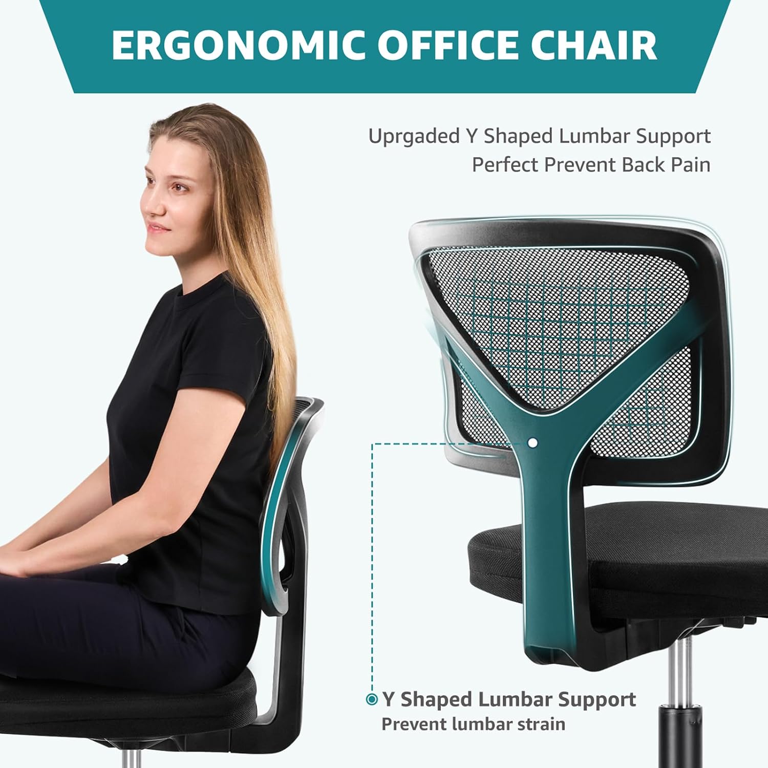 OLIXIS Armless Office Chair, Ergonomic Desk Chair with Wheels, Mesh Back, Removable Washable Foam Cushion, Height Adjustable Rolling Swivel Chairs for Small Space, Home, Office, Black