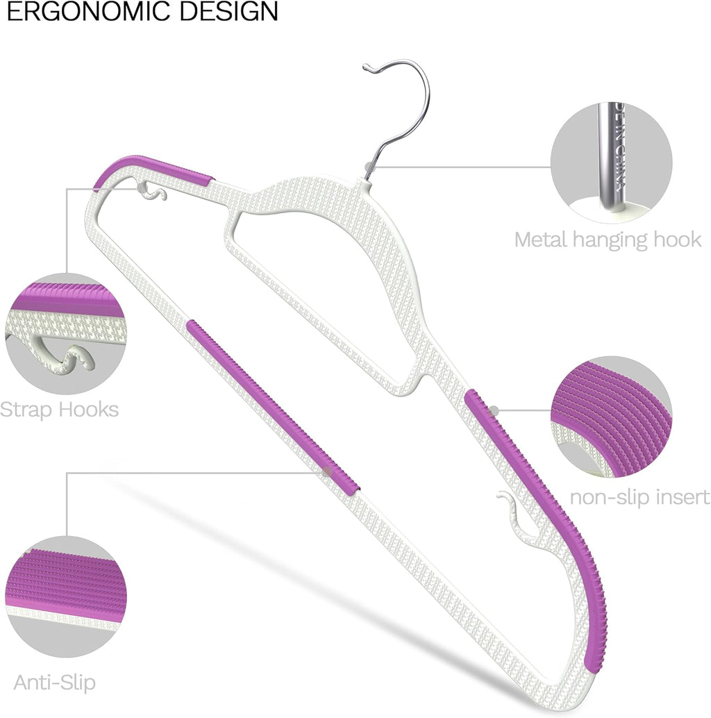 60 Pack Heavy Duty Plastic Hangers, Non Slip Clothes Hangers with Rubber Pads and 360° Hook - Thin Space Saving Hanger, Closet Organizer for Shirt, Pants, Suit, Skirt,Coat - Purple