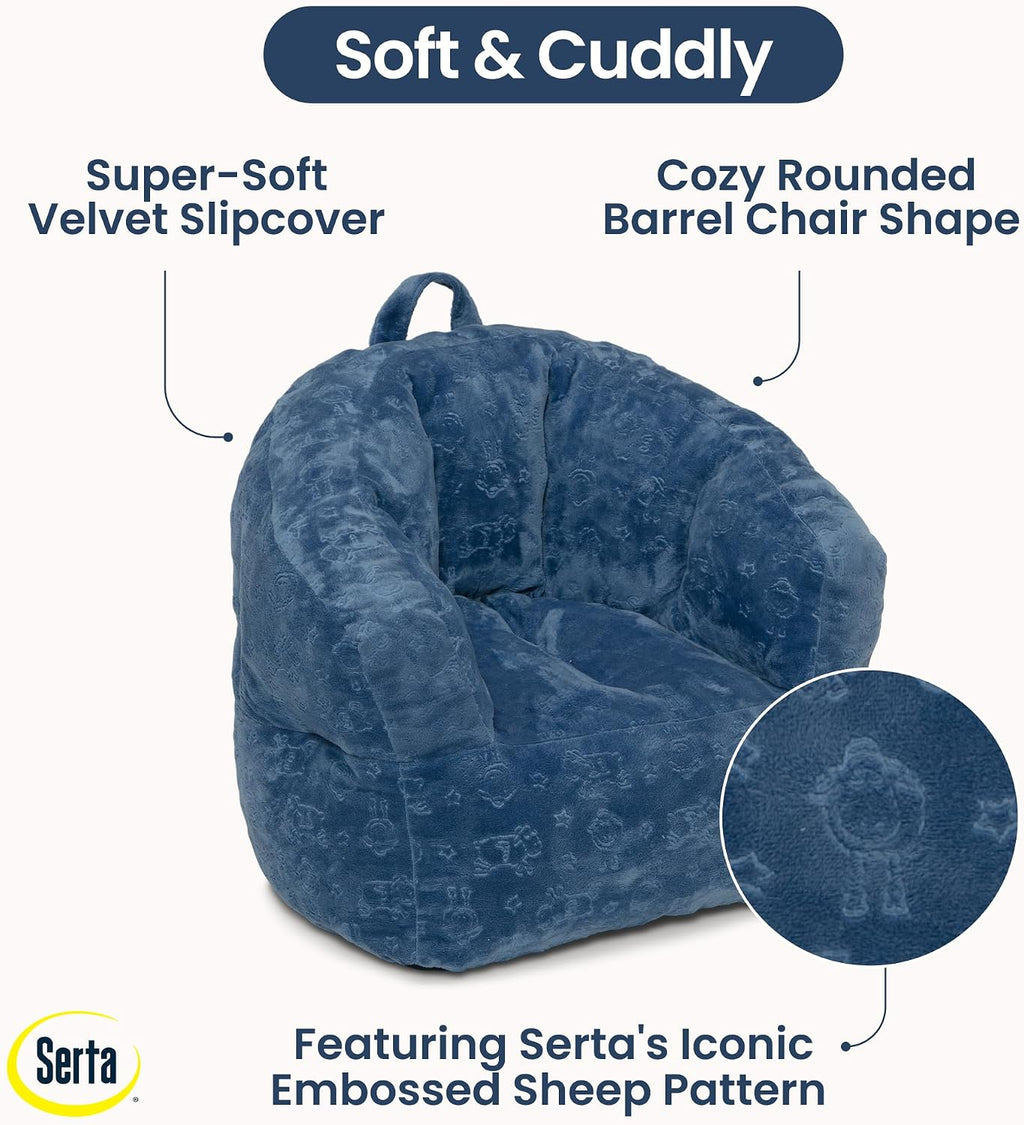 Delta Children - Serta Kids Plush Barrel Toddler Chair, Soft Foam Chair Bean Bag Chair Alternative for Boys and Girls, Cozy Seat for Reading, Watching Cartoons, Playroom Nursery Bedroom, Denim Blue