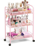TOOLF 3 Tier Rolling Cart Pink - Metal Storage Organizer with Wheels, 33 lbs Shelf Capacity, Easy 5-Min Assembly, for Girls Room Bathroom Kitchen Office Nursery, Compact Design for Small Spaces, Pink