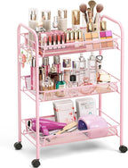 TOOLF 3 Tier Rolling Cart Pink - Metal Storage Organizer with Wheels, 33 lbs Shelf Capacity, Easy 5-Min Assembly, for Girls Room Bathroom Kitchen Office Nursery, Compact Design for Small Spaces, Pink