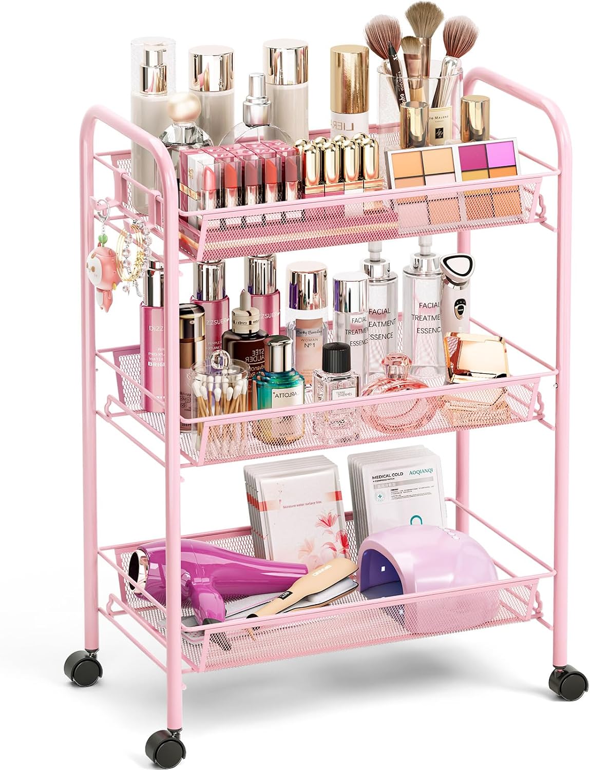 TOOLF 3 Tier Rolling Cart Pink - Metal Storage Organizer with Wheels, 33 lbs Shelf Capacity, Easy 5-Min Assembly, for Girls Room Bathroom Kitchen Office Nursery, Compact Design for Small Spaces, Pink