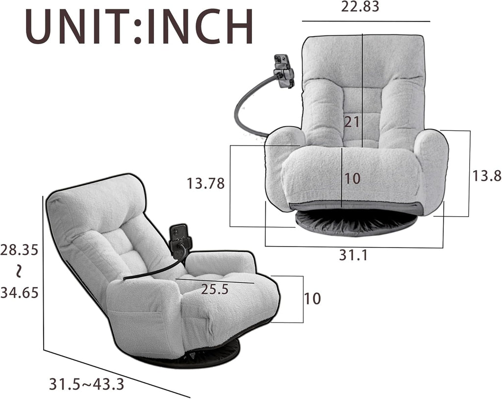 360° Swivel Floor Gaming Chair Linen Folding Chaise Lounge Chair Adjustable Cozy Sofa Chair with Armrests, Phone Holder & Padded Cushion, Ideal for Living Room, Bedroom (Grey)