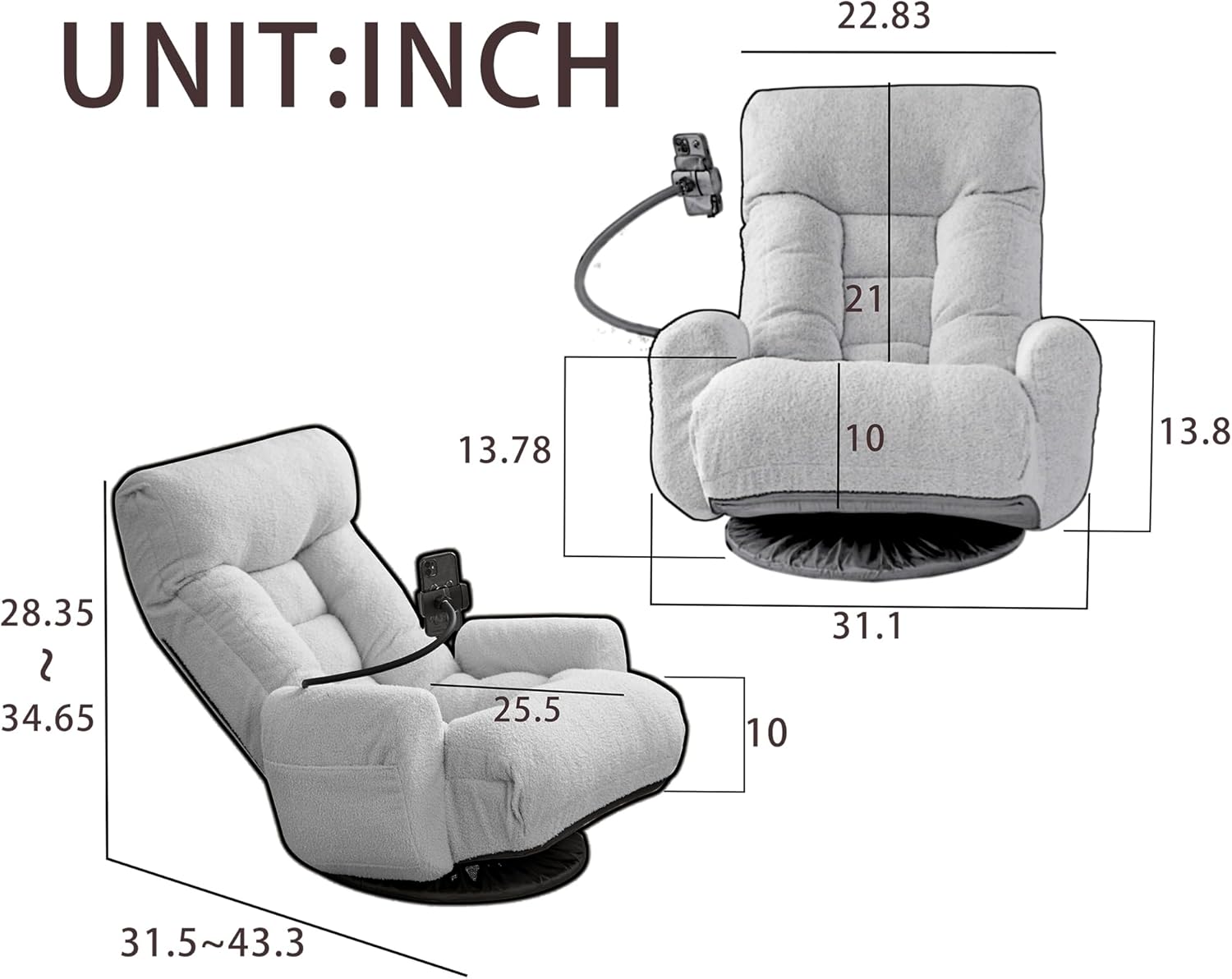 Cozy Gaming Chair Floor Sofa, 360° Swivel Gaming Lounge Chair with Adjustable Backrest & Armrests, Game Chair w/Phone Holder & Side Pocket, Teddy Fluffy Recliner for Bedroom Living Room Dorm (Beige)