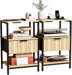 Bonnlo Fluted Nightstand Set of 2, End Table with Fabric Drawer with Charging Station, Night Stand with Storage Shelf & Hook, Fluted Side Table for Bedroom/Living Room,Oak