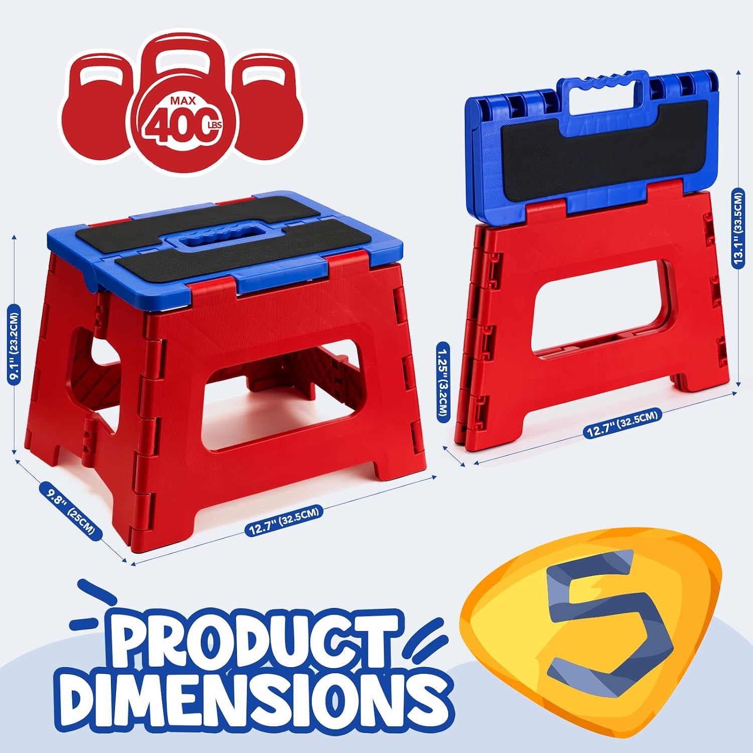 Delxo 9 Inch Kids Step Stool,400Lbs Folding Step Stool for Toddler Red+Blue | Toddler Foot Stool,Includes 3 Letter Stickers & 2 Non-Slip Grip Pads, Sturdy Compact Collapsible Stool for Kitchen, Bathroom