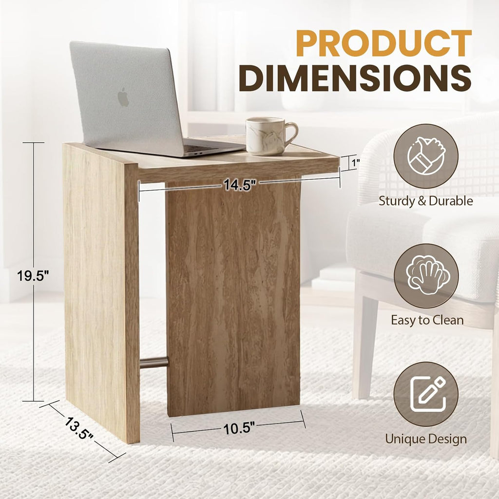 Hyfirm Faux Travertine Side Table for Living Room: Modern Sofa Couch End Table with Silver Metal Support Bar Small Accent Table for Bedroom Night Stand Bathroom Small Spaces (Natural Beige)