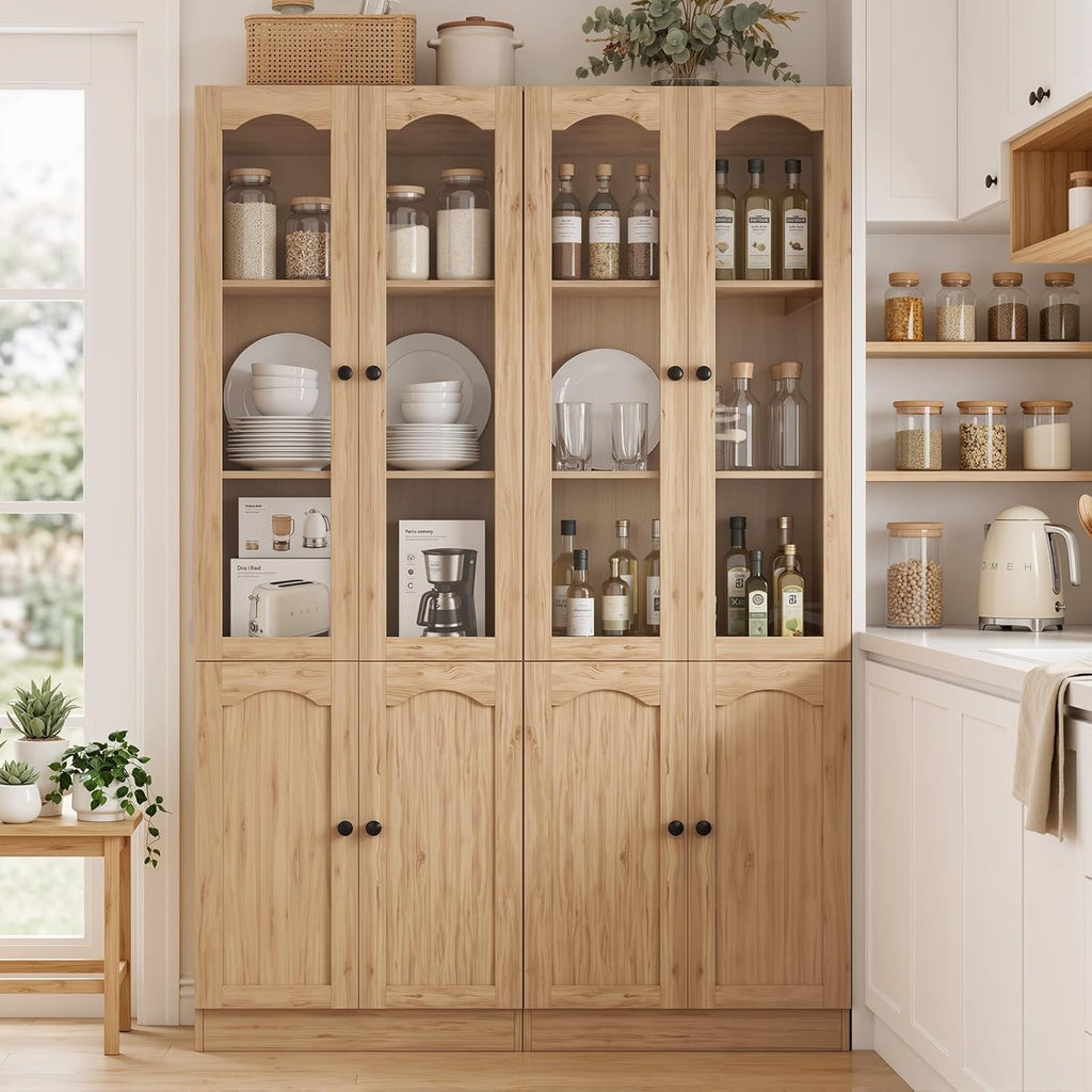 Cyclysio 80" Tall Pantry Cabinet with 8 Doors, Natural Oak Kitchen Pantry Storage Cabinet with Built-in Baseboard Notch & Adjustable Shelves – Kitchen Storage Cabinet for Dining, Living Room, Office