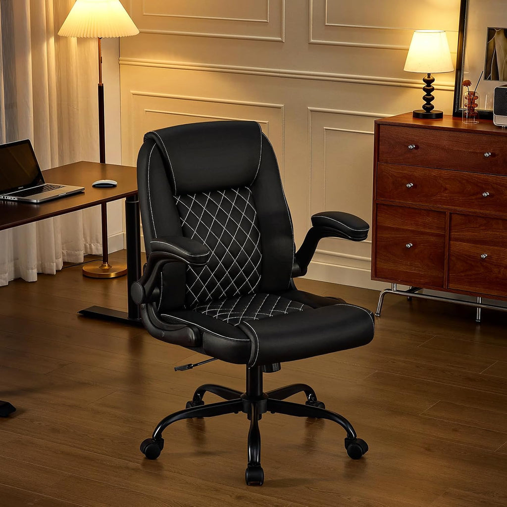 Leather Office Chair, 300lbs Heavy Duty Mid-Back Desk Chairs with Flip-up Armrests, Space-Saving Swivel Task Chair with Wheels, Adjustable Height and Ergonomic Back Support, Black