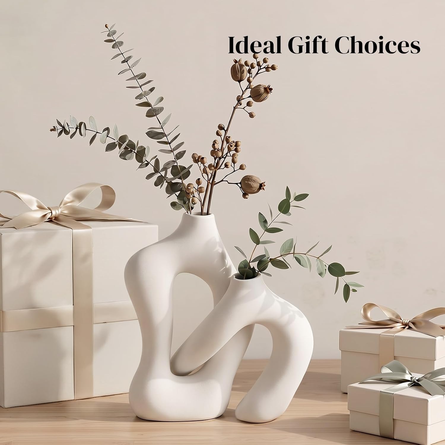 Dowan White Vases for Decor,Hollow Ceramic Vase Set of 2,7.6" Nordic Modern Boho ins Style Decorative Ceramic Aesthetic Flower Vase for Home Decor Modern Minimalist Table, Entryway Centerpieces
