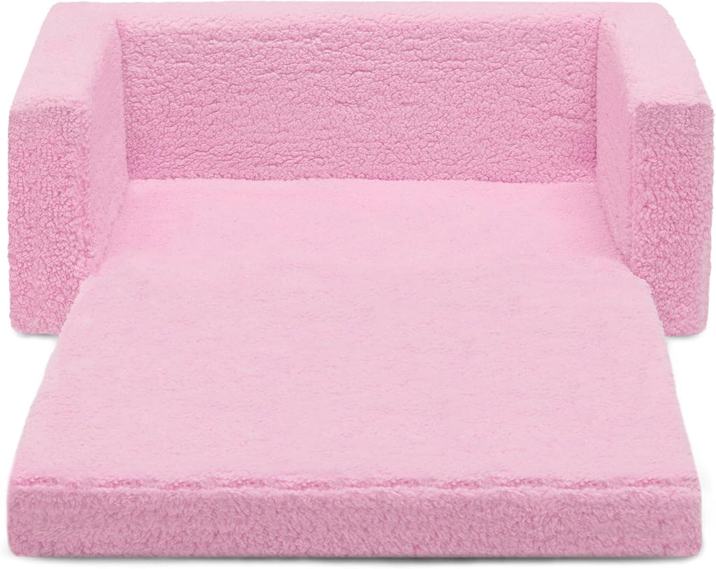 Delta Children Cozee Flip-Out Sherpa 2-in-1 Convertible Sofa to Lounger for Kids, Pink