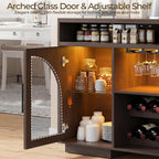 54" Coffee Bar Cabinet with Storage, LED Lights and Arched Glass Doors | Brown Wine Bar Cabinet w/ Wine Rack and Adjustable Shelves, Wood Grain Top for Kitchen, Home Bar, Dining Room, Living Room