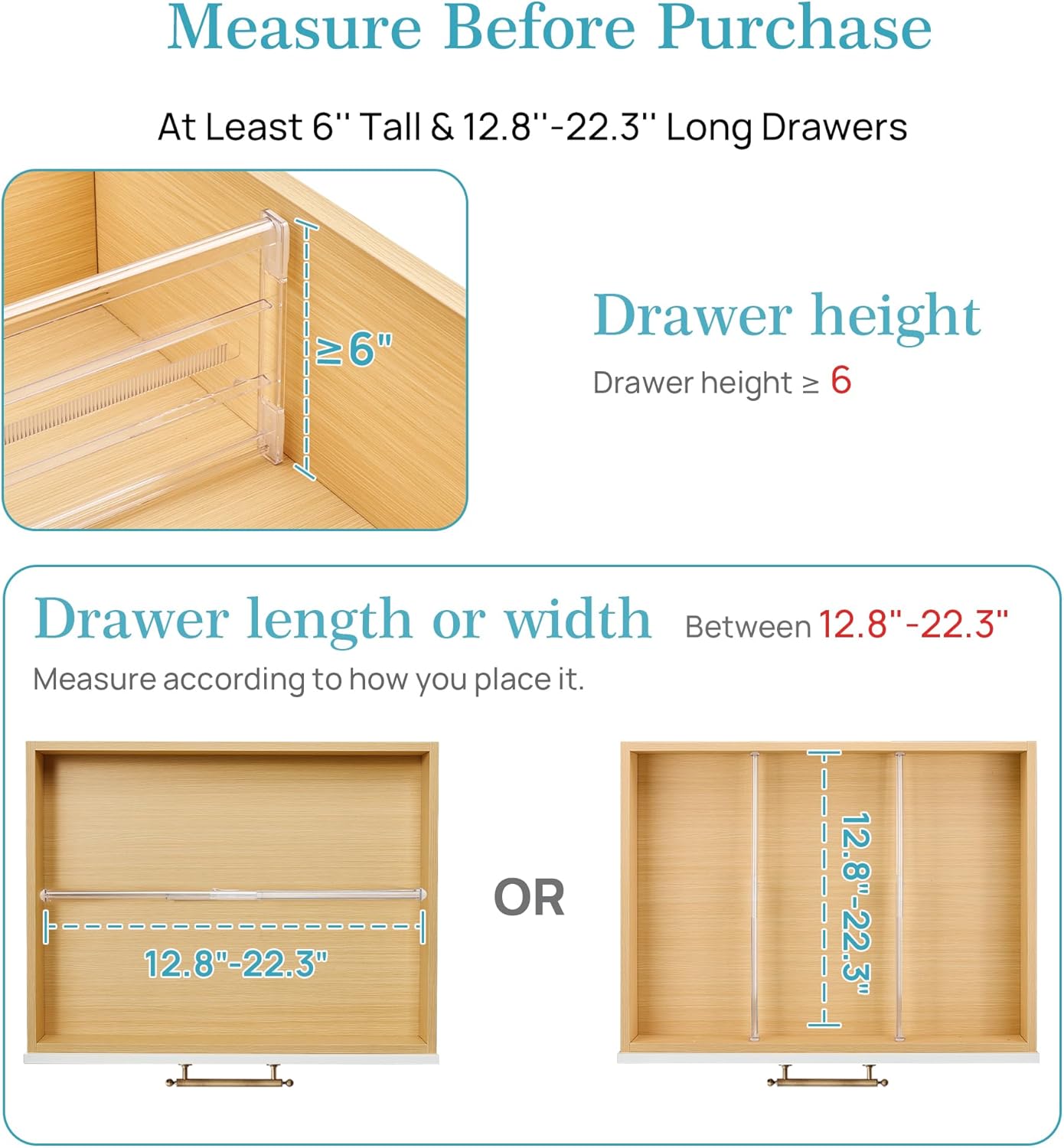 Vtopmart 6 Pack 6" Tall Upgrade Drawer Dividers for Big and Deep Drawer, 12.8"-22.3" Adjustable Expandable Dresser Drawer Organizer, Clear Plastic Separators for Dresser, Baby Supplies, Kitchenware