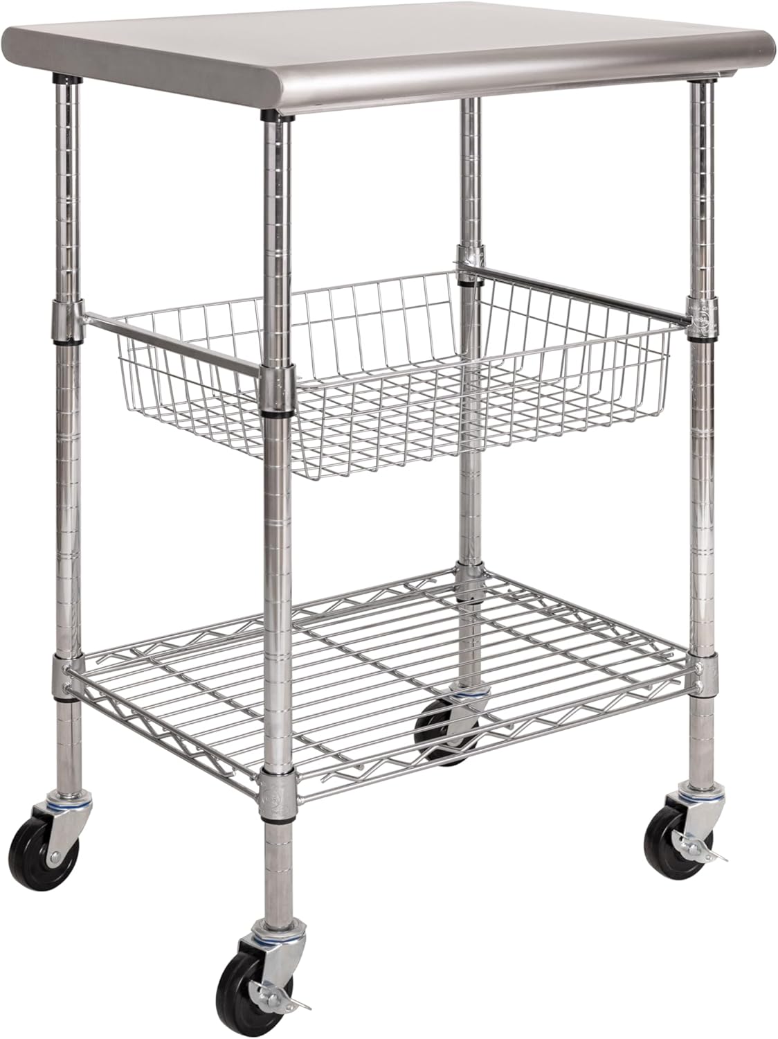 Seville Classics Commercial Work Table Island Utility Cart Prep Station, for Restaurant, Kitchen, Warehouse, Garage, Hotel, Home, Stainless-Steel Top NSF, 24" W x 20" D