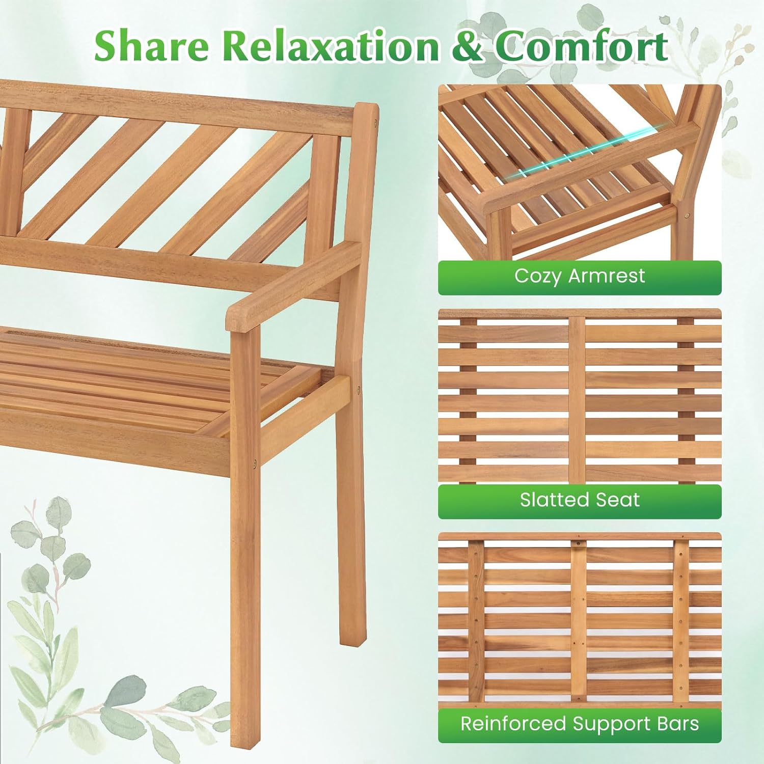Tangkula Acacia Wood Outdoor Loveseat Bench, 2-Person Patio Garden Bench with Armrests & Backrest, Slatted Wooden Outside Seating Furniture for Backyard, Porch, Deck (V-Shaped Backrest)