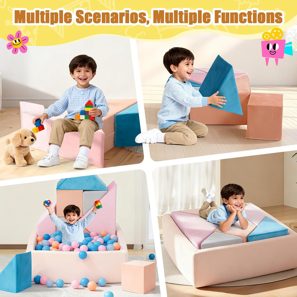 Tangram Puzzles Modular Kids Play Couch Building Fort, Children Explorer Sofa with Ball Pit, Kids playroom Convertible Furniture for Inspiring Child Creativity, Made Entirely of Sponge (Pink Series)