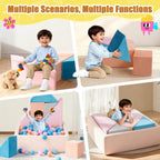 Tangram Puzzles Modular Kids Play Couch Building Fort, Children Explorer Sofa with Ball Pit, Kids playroom Convertible Furniture for Inspiring Child Creativity, Made Entirely of Sponge (Pink Series)