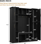 JIVOIT Farmhouse Hall Tree with 4 Side Cabinets, Adjustable Shelves & Open Cubbies, All-in-One Mudroom Furniture, Beadboard Entryway Bench with Coat Rack & 5 Hooks for Hallway (Black,152)