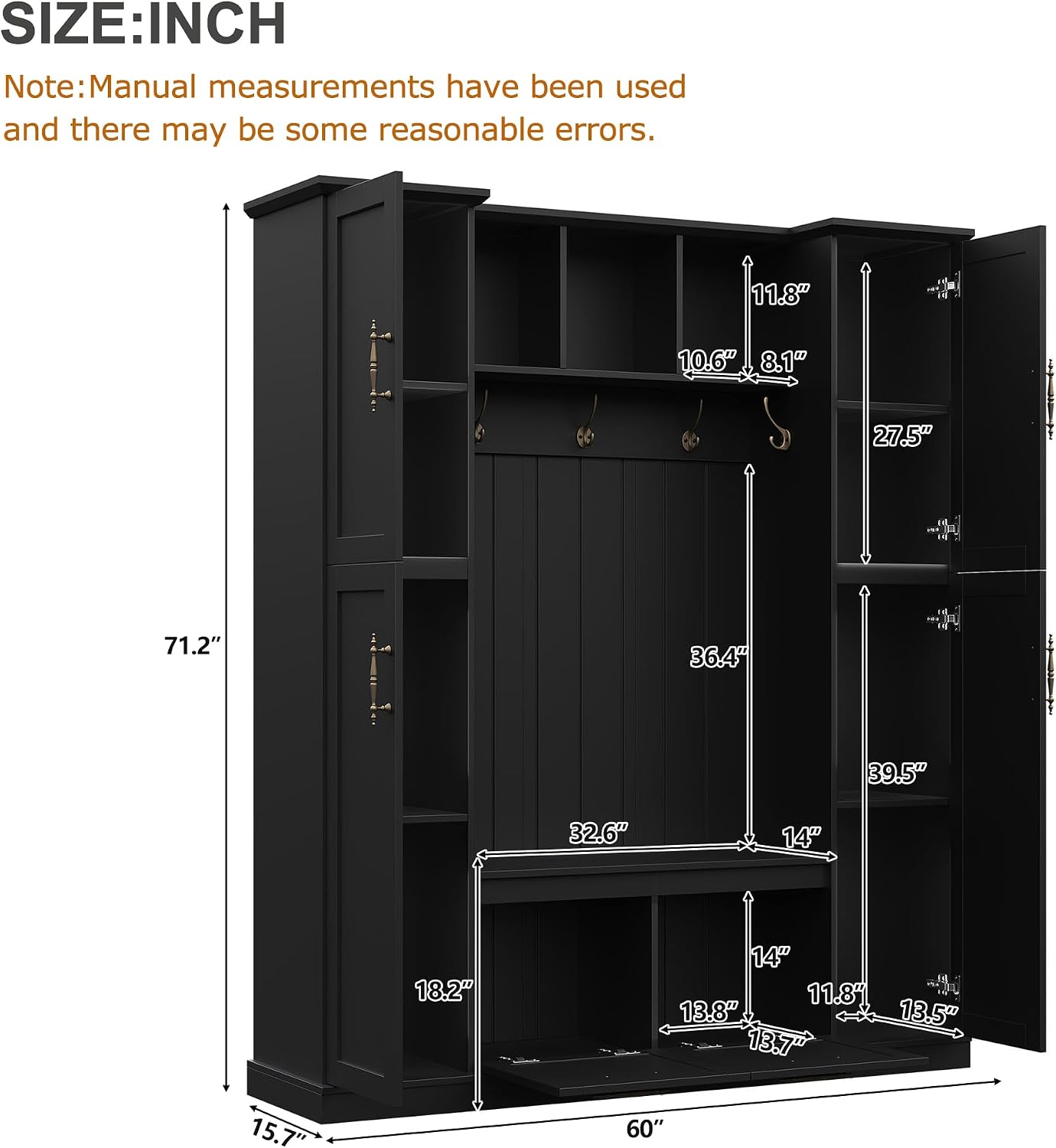 JIVOIT Farmhouse Hall Tree with 4 Side Cabinets, Adjustable Shelves & Open Cubbies, All-in-One Mudroom Furniture, Beadboard Entryway Bench with Coat Rack & 5 Hooks for Hallway (Black,152)