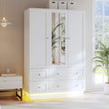 VOWNER Wardrobe Closet with 3 Doors Bedroom Armoire with Mirror & 4 Drawers | Large Capacity Storage Closet with LED Light and Hanging Rod for Bedroom, White 47" L