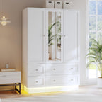 VOWNER Wardrobe Closet with 3 Doors Bedroom Armoire with Mirror & 4 Drawers | Large Capacity Storage Closet with LED Light and Hanging Rod for Bedroom, White 47" L