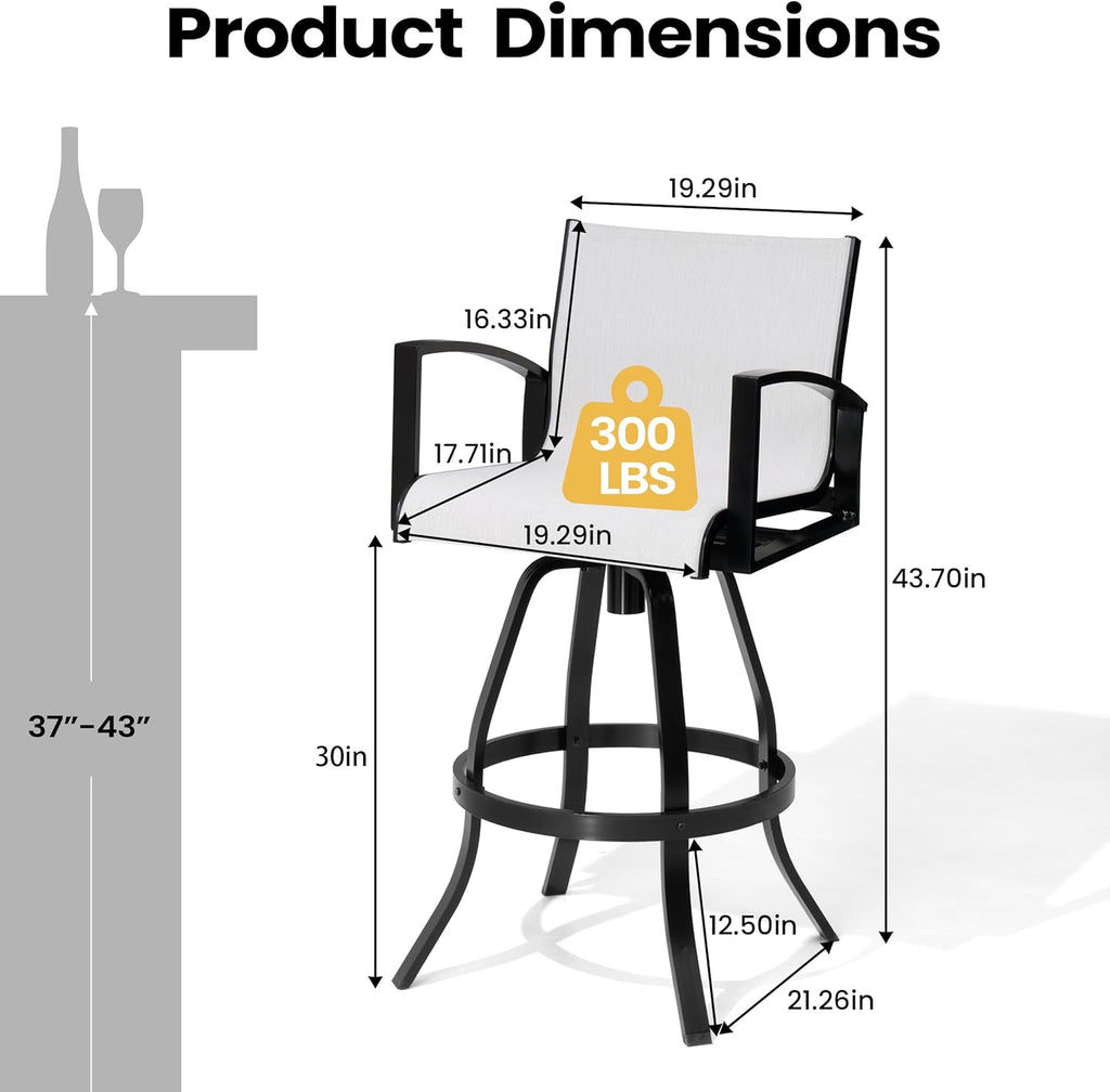 Pellebant 30" Aluminum Outdoor Bar Stools Set of 2, Sunbrella Swivel Patio Bar Height Bar Stools with Back & Footrest, Rust-Proof Patio Bar Stools for Deck Lawn Garden, White