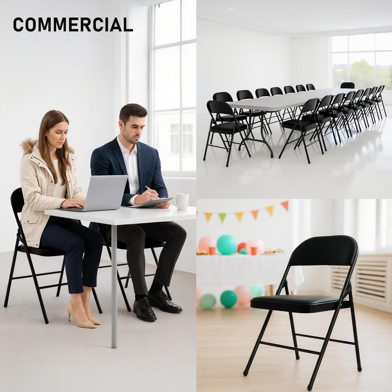 SEALAMB 16 Pack Folding Chairs with Cushion Seat, Heavy Duty Metal Frame Portable Stackable Chairs for Wedding Party Office School Church Events, Indoor Outdoor Use, 350 lb Capacity, Black
