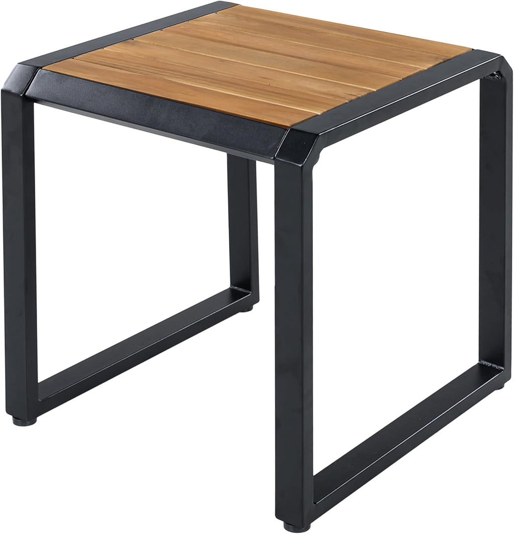 Outdoor Side Table with Teak Wood Top, Metal Frame Patio Accent Table, 120 lbs Capacity, Modern Indoor & Outdoor End Table, Porch, Poolside, Living Room, Sleek Minimalist Design, Teak,Black