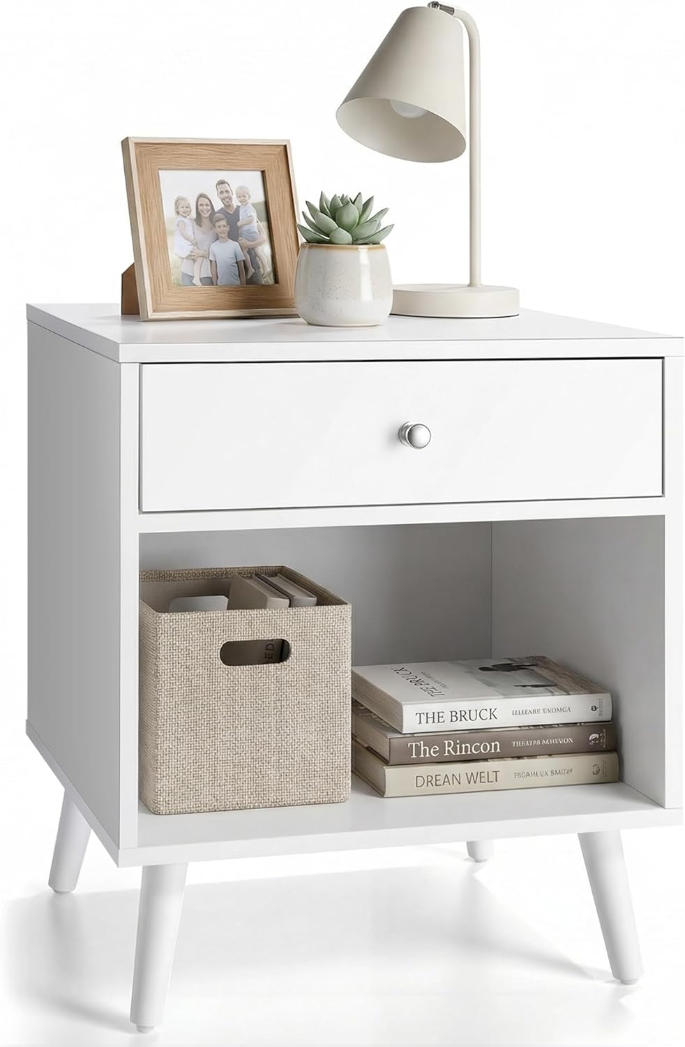 Modern Nightstand with Drawer, White Night Stand with Storage Shelf 2 Tier Bedside Table for Small Spaces Wooden End Table Mid Century Side Table for Bedroom Living Room Nursery