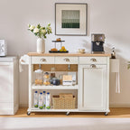 ONBRILL 56" Kitchen Island with Drop Leaf, Rolling Kitchen Cart with Trash Cabinet, Power Outlet, 2-Tier Open Shelves, 3 Drawers, Spice & Paper Towel Racks, 6 Wheels (4 Locking) for Dining Room, White