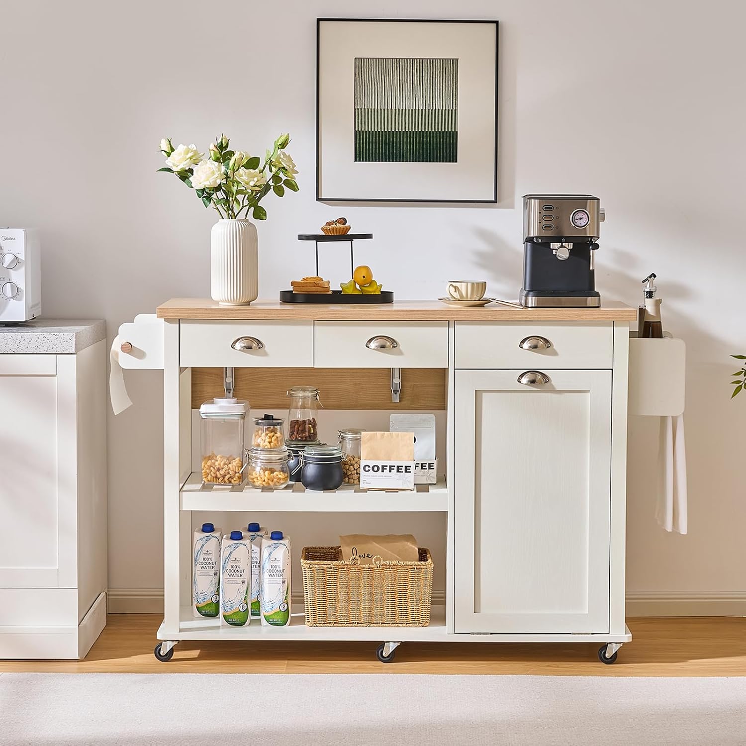 ONBRILL 56" Kitchen Island with Drop Leaf, Rolling Kitchen Cart with Trash Cabinet, Power Outlet, 2-Tier Open Shelves, 3 Drawers, Spice & Paper Towel Racks, 6 Wheels (4 Locking) for Dining Room, White