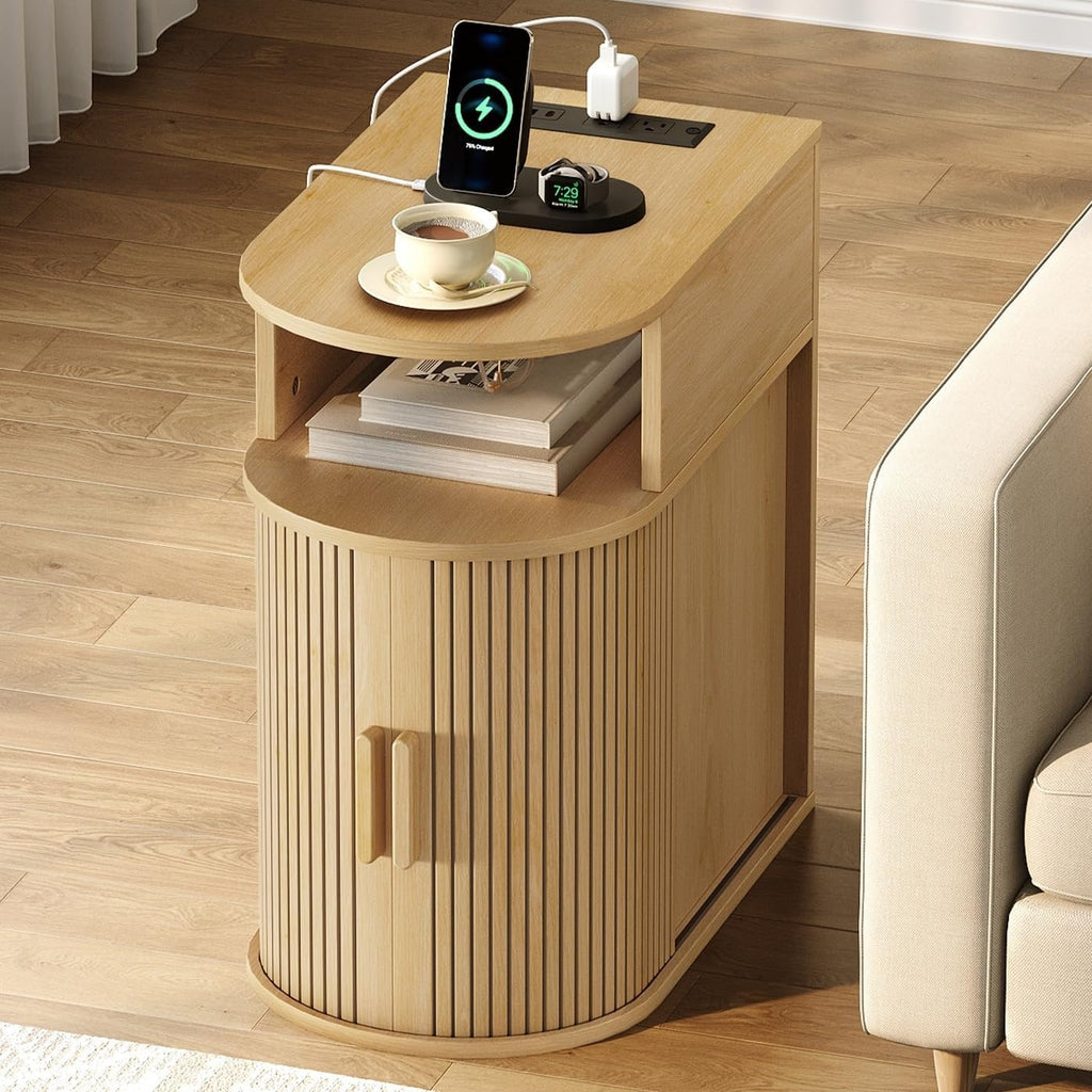 RALGEND Narrow End Table with Charging Station, Fluted Sofa Side Table with Sliding Curved Door and Storage Shelf, Mid-Century Bedside Table, Modern Nightstand for Living Room, Bedroom, Natural