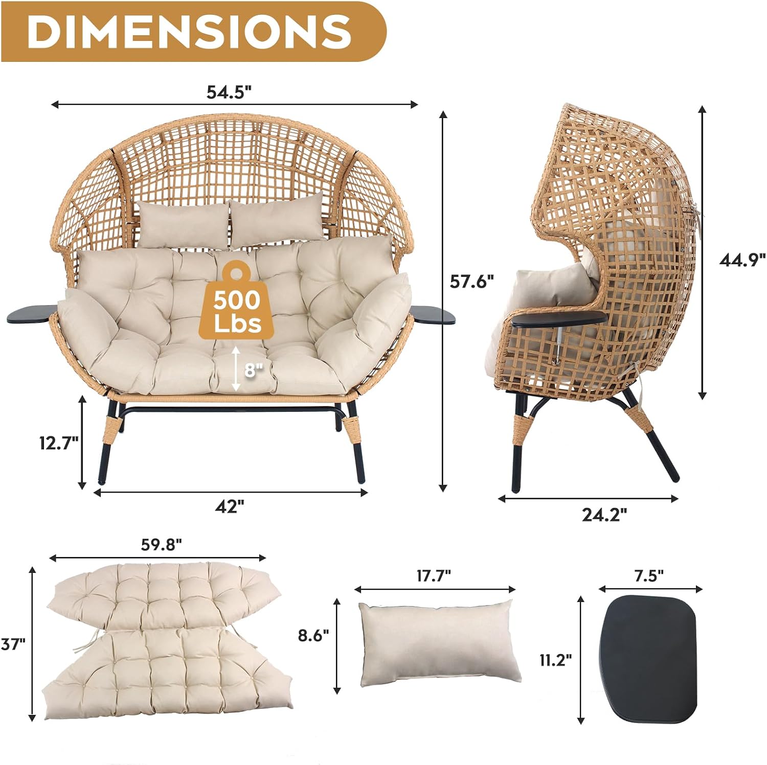 Double Egg Chair Outdoor Indoor 2 Person Wicker Egg Lounge Chair with Foldable Cup Holder Cushion Rain Cover Patio Oversized Loveseat for Balcony Porch Backyard