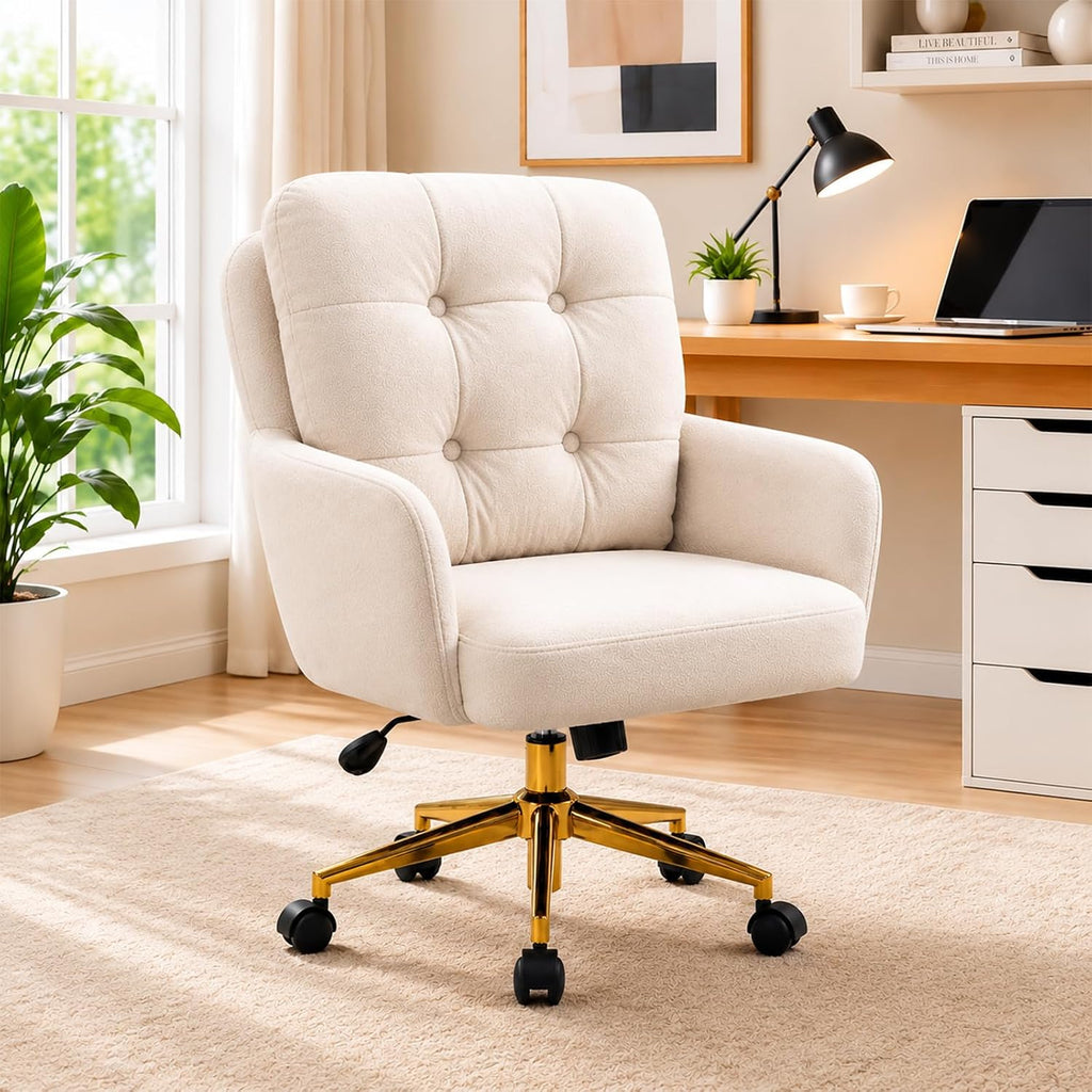 Modern Home Office Chair Velvet Desk Chair Accent Armchair Gold Legs Swivel Task Chair with Wheels Ergonomic Lumber and Back Support, Height Adjustable Flip-up for Living Room, Bedroom, Office,Study