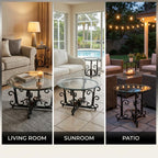 EQEY Glass Coffee Table Set of 3 — 31.5" Round Nesting Coffee Table with 2 End Tables, Tempered Glass Top & Wrought Iron Scroll Frame for Living Room, Apartment, Patio, Sunroom