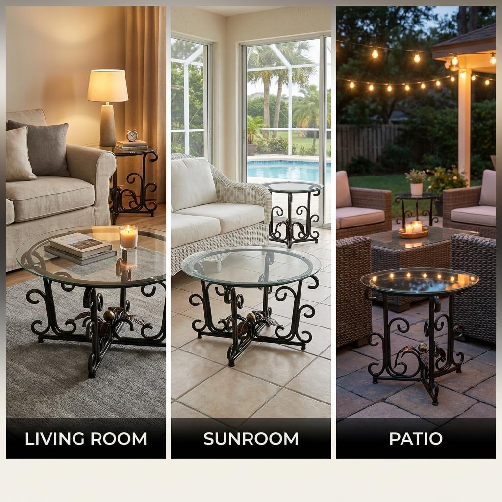 EQEY Glass Coffee Table Set of 3 — 31.5" Round Nesting Coffee Table with 2 End Tables, Tempered Glass Top & Wrought Iron Scroll Frame for Living Room, Apartment, Patio, Sunroom