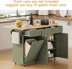 ONBRILL 60" Kitchen Island with Power Outlet & Drop Leaf, Rolling Island with Spice Rack & Towel Rack, Kitchen Island Cart with Trash Storage Cabinet, Island Table for Kitchen, Green
