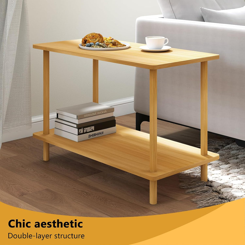 Funecy 2-Tier End Table, Sofa Side Table with Storage, Narrow Side Table, Bedside Table for Bedroom，for Living Room and Small Space (Natural)